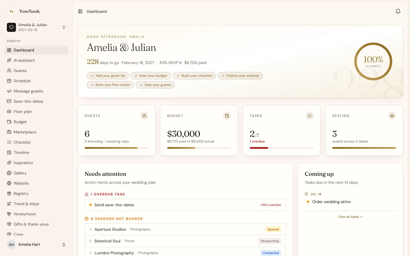 The VowNook planning studio dashboard